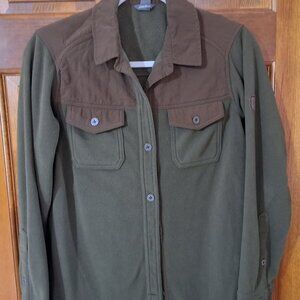 Eddie Bauer Green and Brown Fleece Button-Up Shirt Jacket size S womens